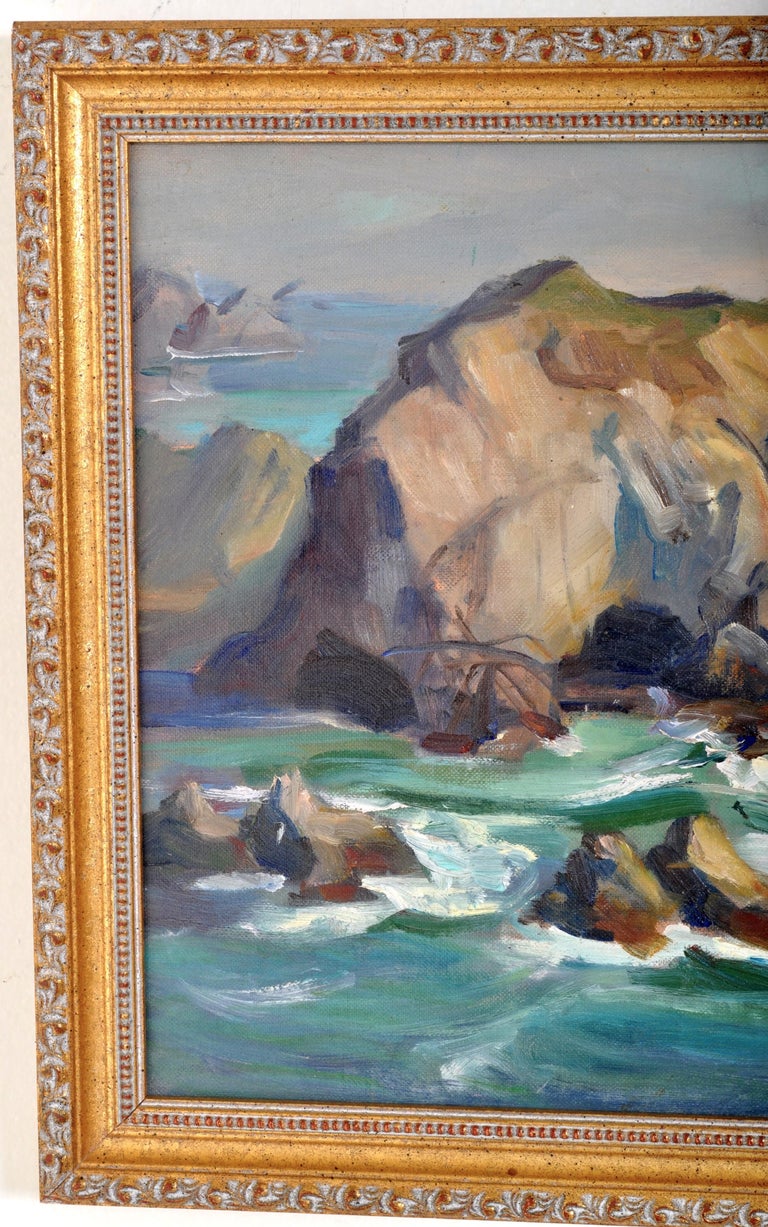 Oil Painting of Malibu by California Impressionist Daphne Huntington (1910-2012). The painting depicting the Pacific ocean waves crashing over the rocks at Malibu. The painting is in very good condition.

Sisters Venetia Epler and Daphne Huntington
