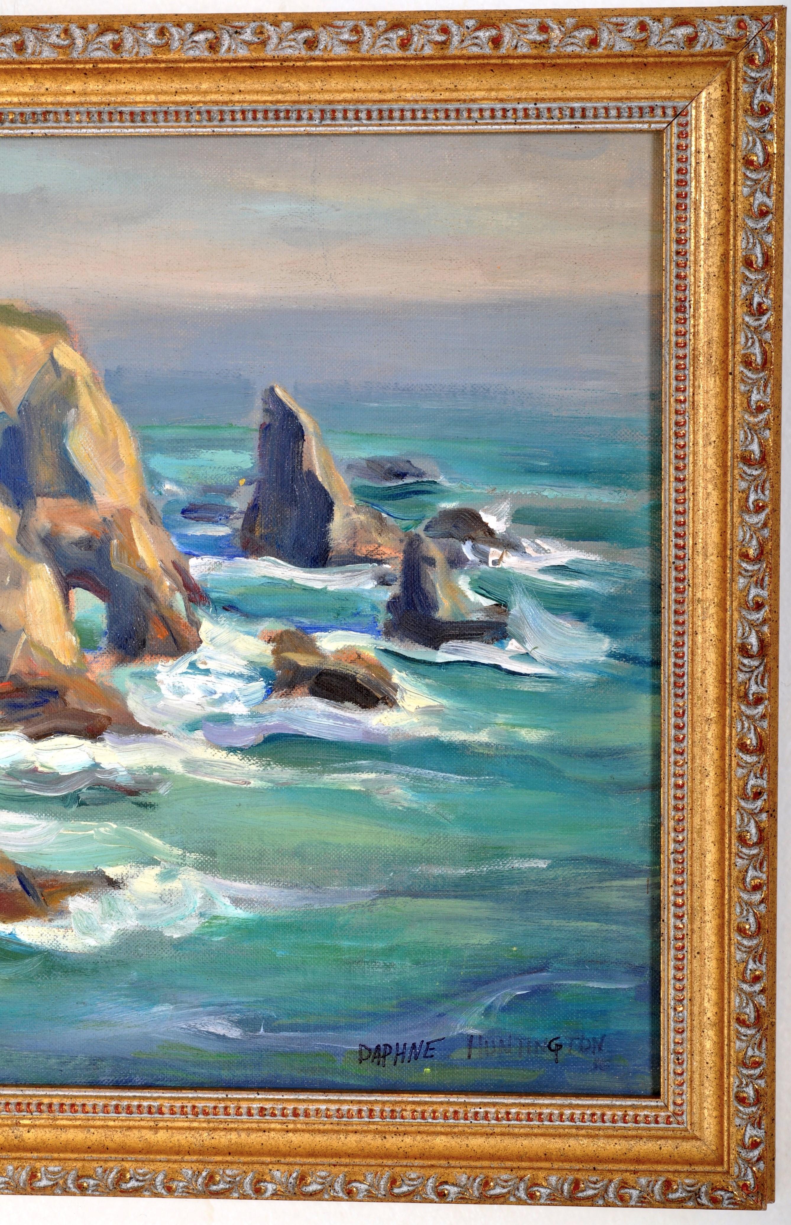 California Impressionist Oil on Canvas Painting Seascape Rocks at Malibu 1930's - Brown Landscape Painting by Daphne Huntington