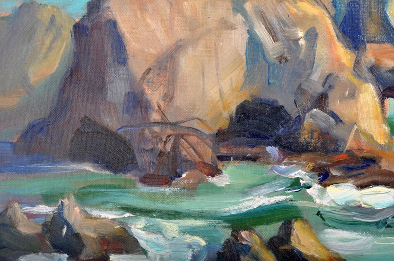 California Impressionist Oil on Canvas Painting Seascape Rocks at Malibu 1930's For Sale 3