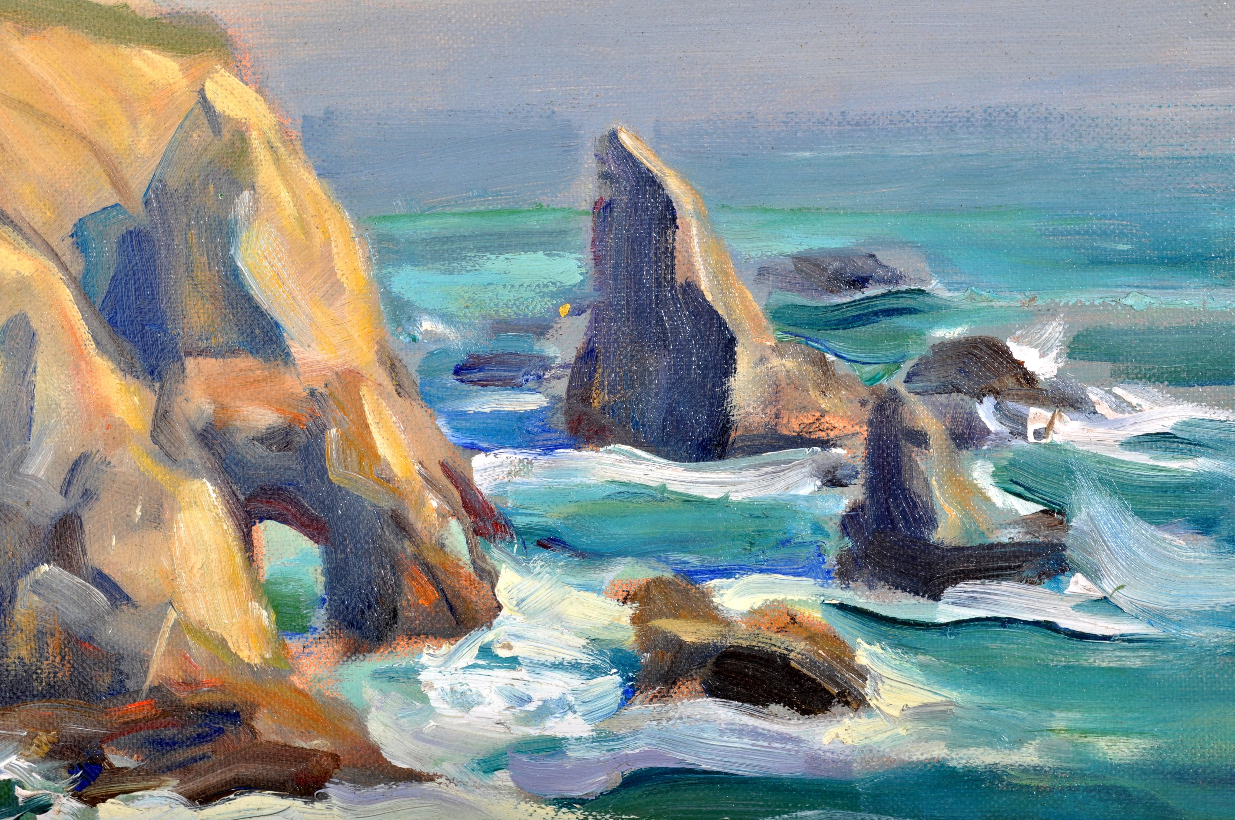 California Impressionist Oil on Canvas Painting Seascape Rocks at Malibu 1930's 1
