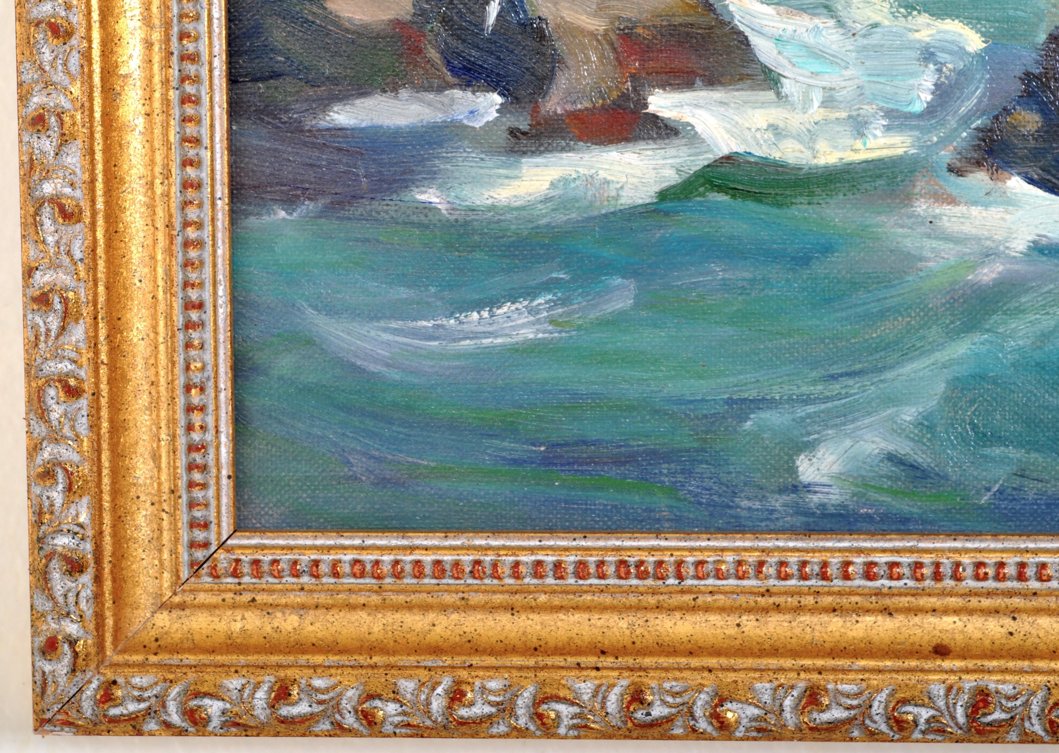 California Impressionist Oil on Canvas Painting Seascape Rocks at Malibu 1930's 3