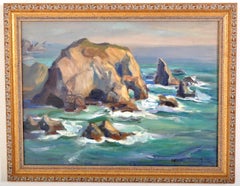 California Impressionist Oil on Canvas Painting Seascape Rocks at Malibu 1930's