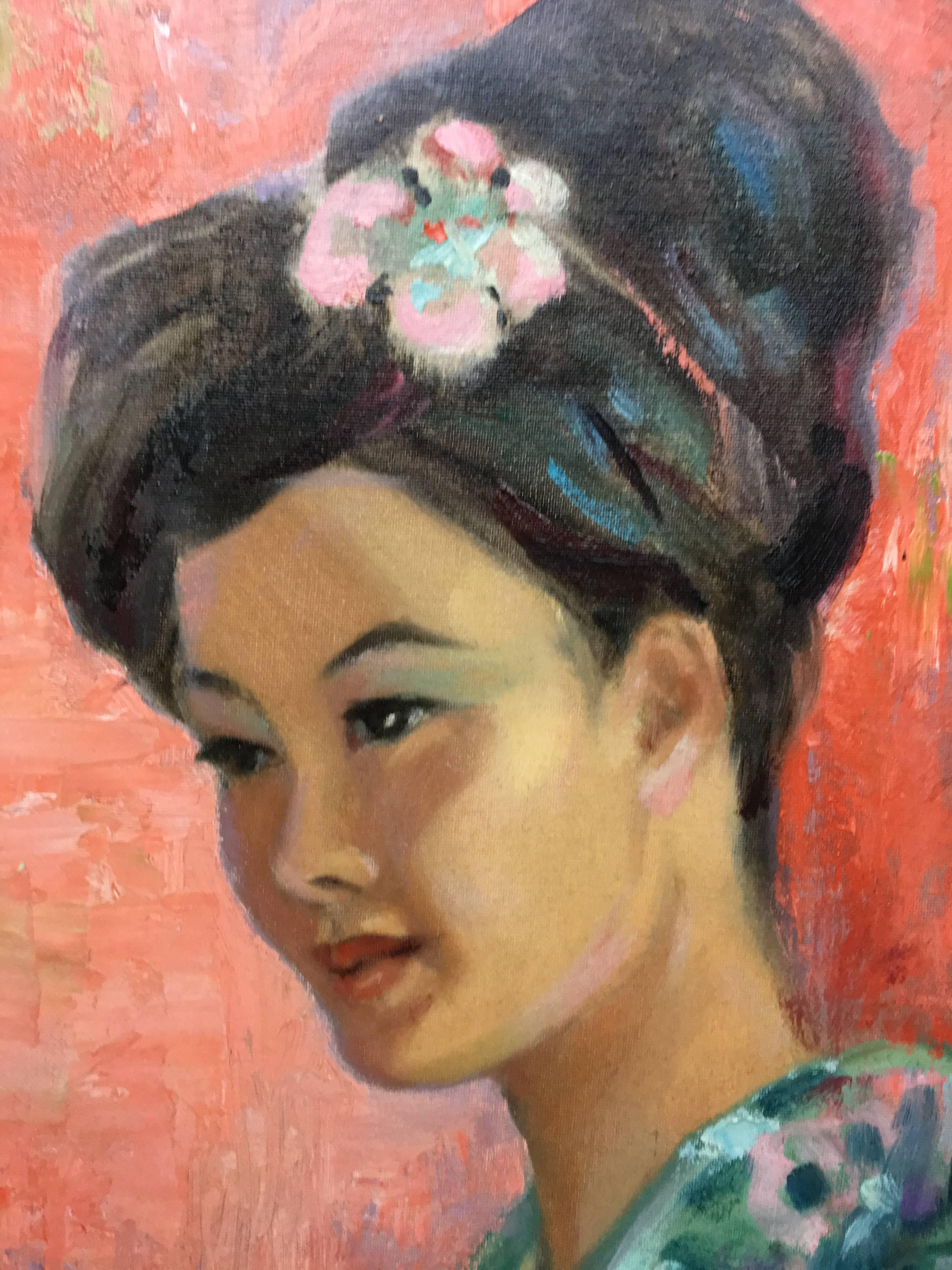 Japanese Woman in Blue; Daphne Huntington; 1910-2012; oil on canvas board For Sale 2