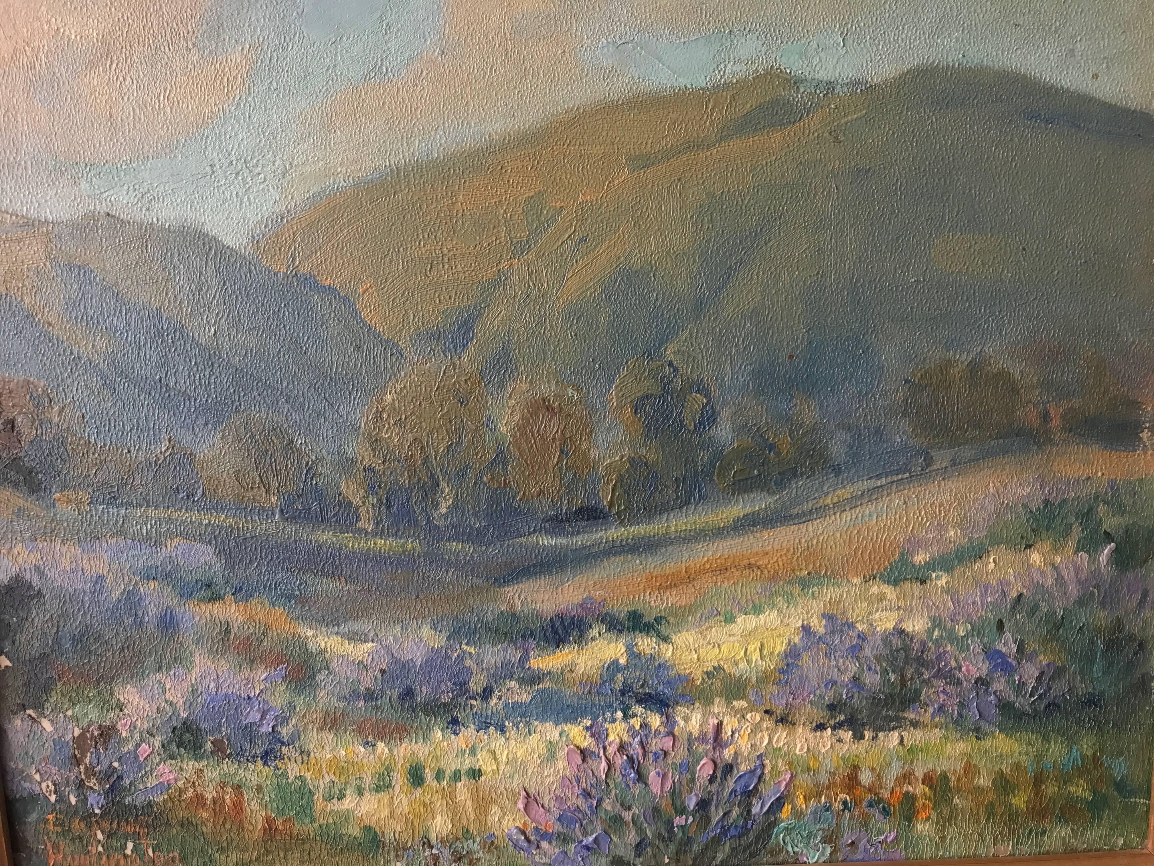 Purple landscape; Daphne Huntington (American 1910 - 2012); oil on canvas For Sale 2