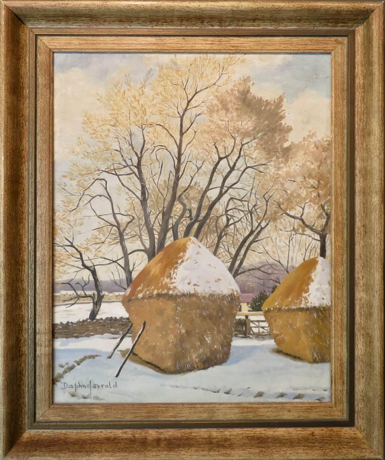Landscape Painting Daphne Jerrold  - "Haystacks In Snow" Scène d'hiver anglaise ORIGINAL OIL PAINTING circa. 1930s