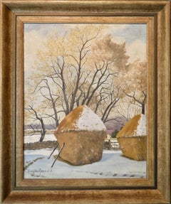 "Haystacks In Snow" Scène d'hiver anglaise ORIGINAL OIL PAINTING circa. 1930s