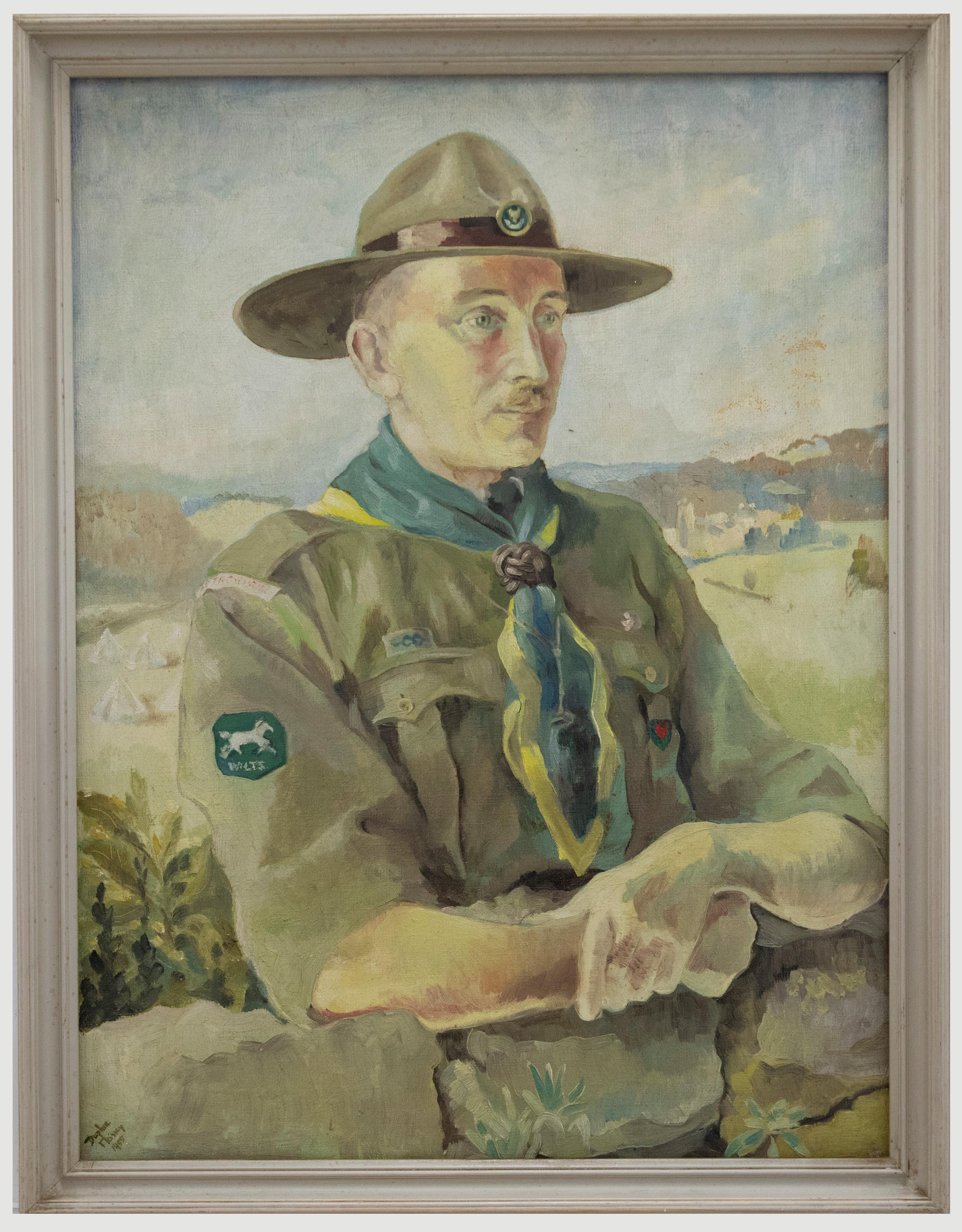 A delightful portrait of Scout Master Mr Lyddieth. The portrait was presented to him after 30 years of service to the Boy Scouts. Extensive provenance has been kept with the painting, this includes an exhibition label from the Bath Society of