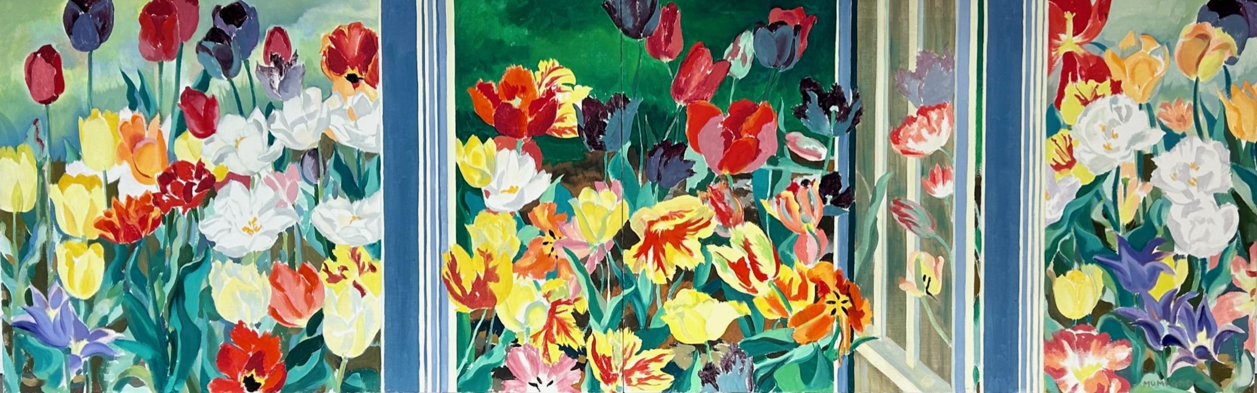 Daphne Mumford
Tulips
Signed lower right, titled on each stretcher
Oil on canvas, diptych
24 x 74 inches

Daphne Mumford studied at the Skowhegan School of Painting in 1952; the Chelsea School of Art, London in 1952-53; and the Brooklyn Museum
