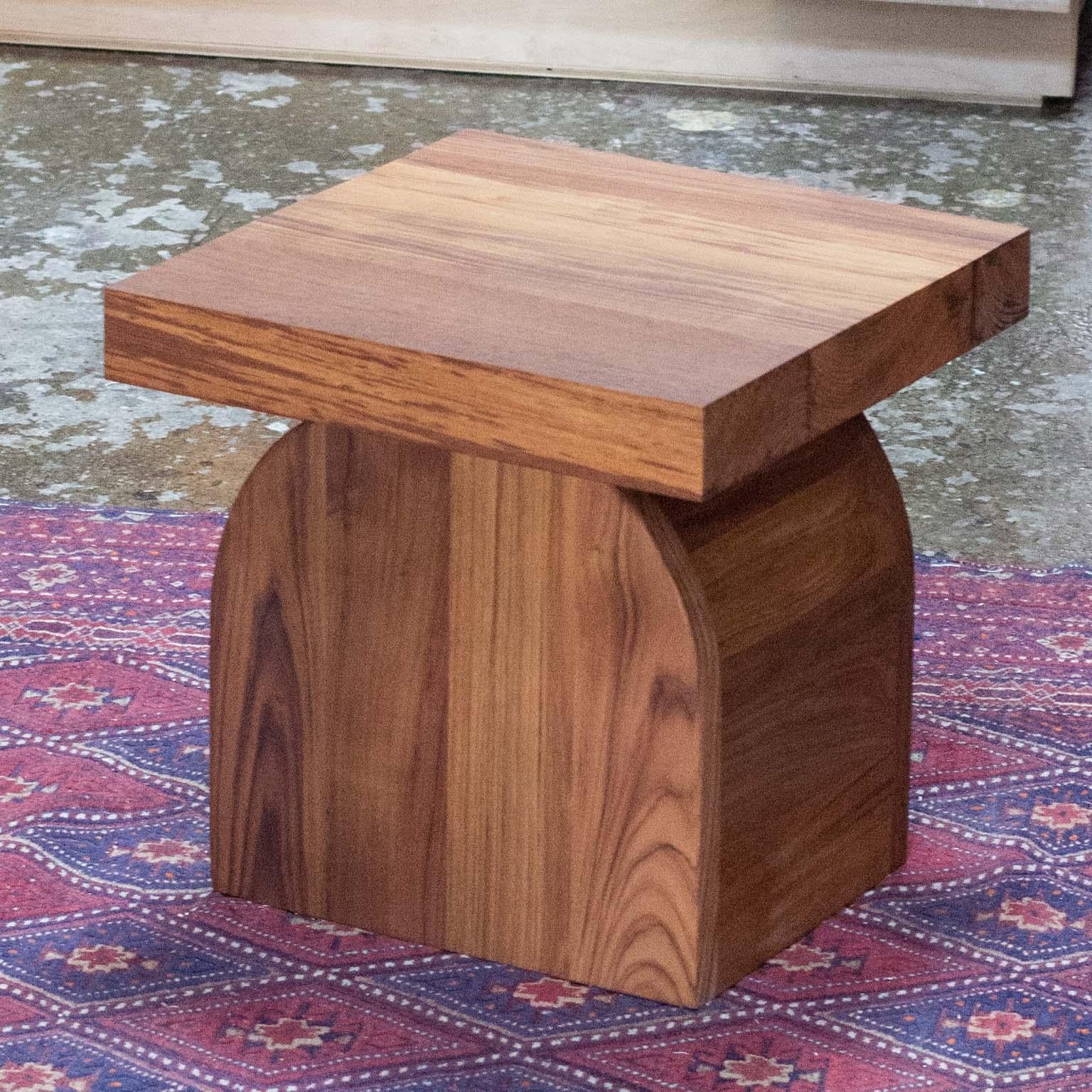 The Daphne stool is crafted of solid teak. 
This stool can be used in wet conditions such as showers, poolside, etc. 

The sleek lines of the top are complimented by the organically shaped, sturdy legs. 

Customers can specify dimensions, wood