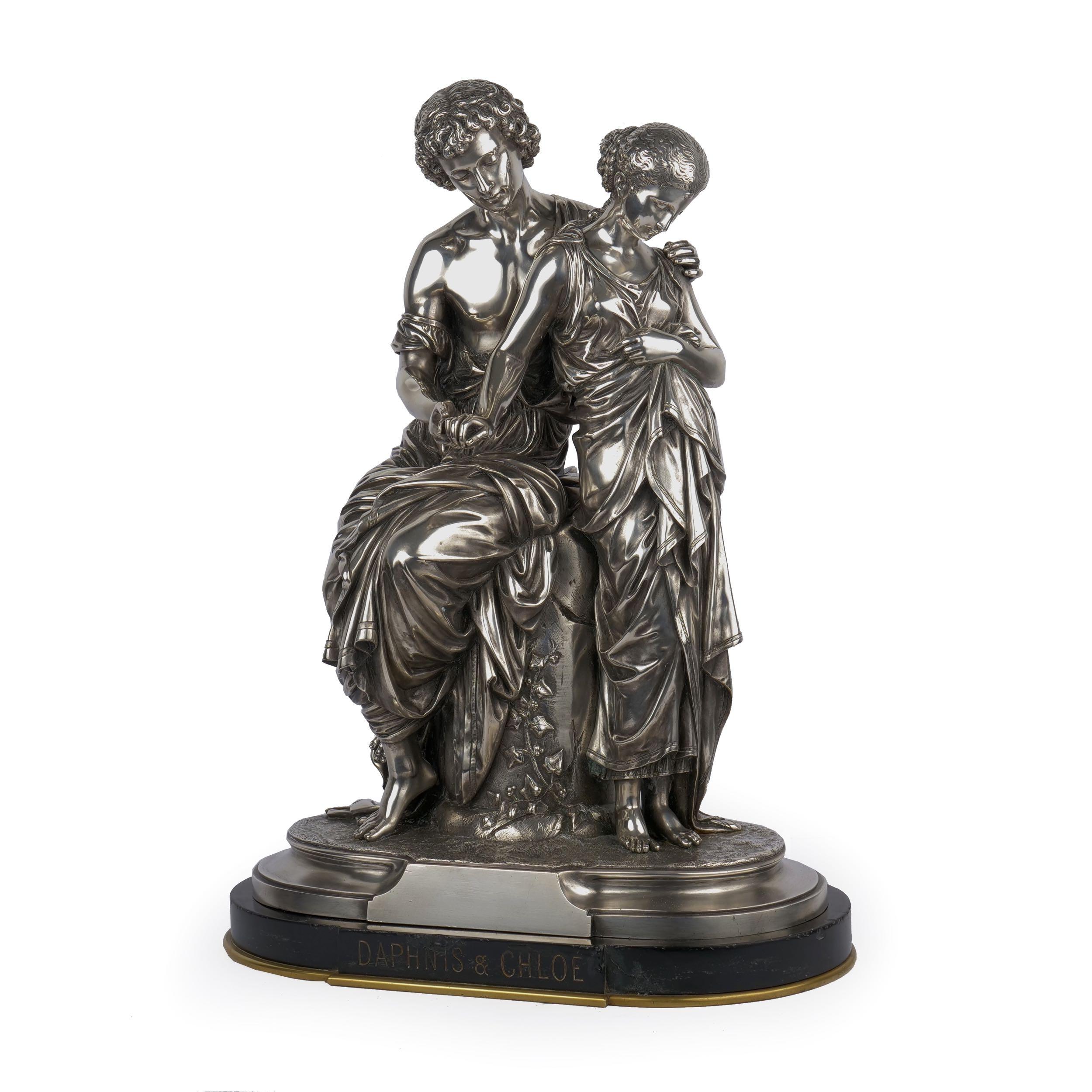 Romantic “Daphnis et Chloe” Silvered Bronze Sculpture by Mathurin Moreau, circa 1880