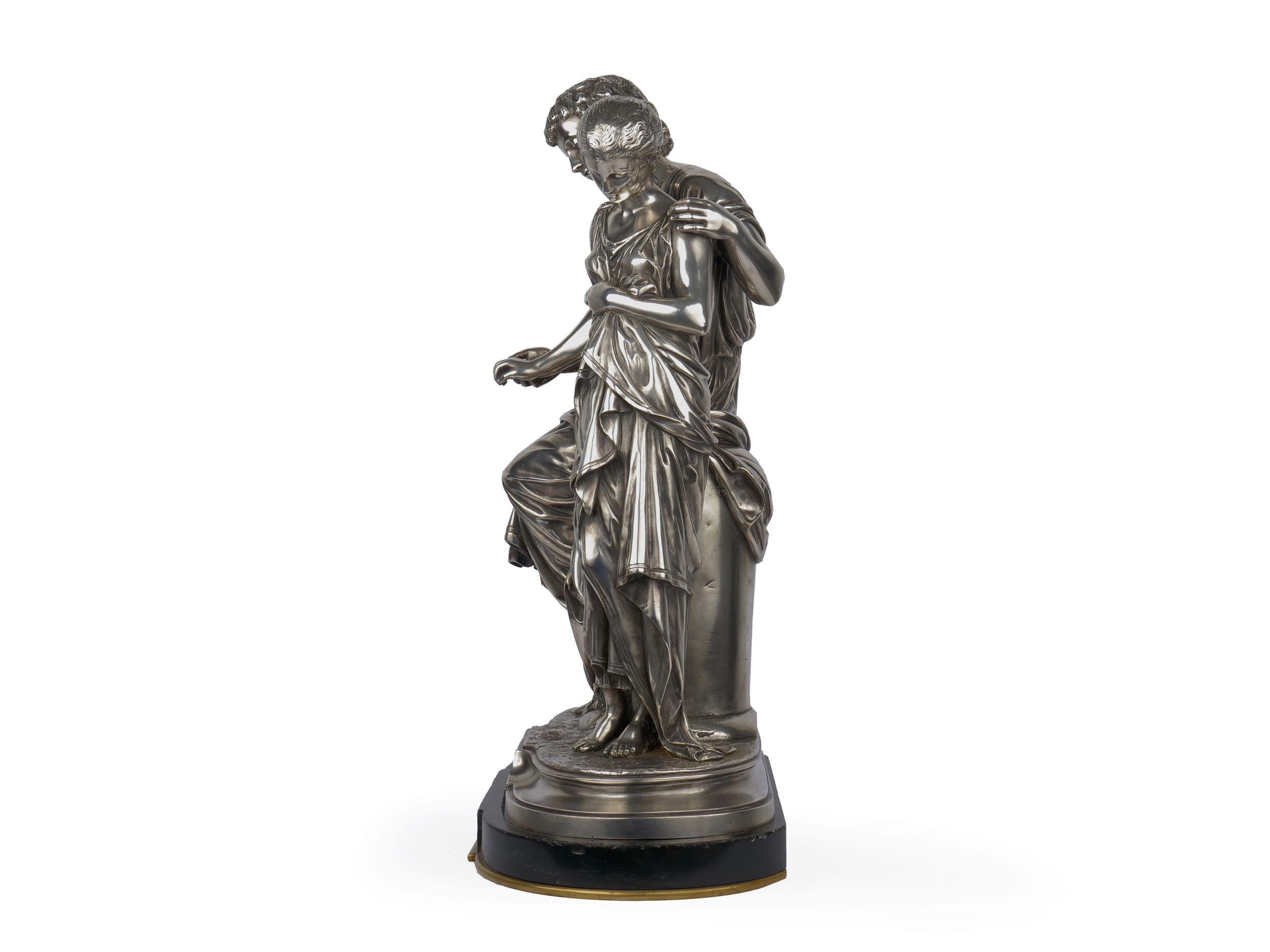 French “Daphnis et Chloe” Silvered Bronze Sculpture by Mathurin Moreau, circa 1880