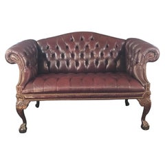 Antique Dapper British Leather Chesterfield Sofa Loveseat