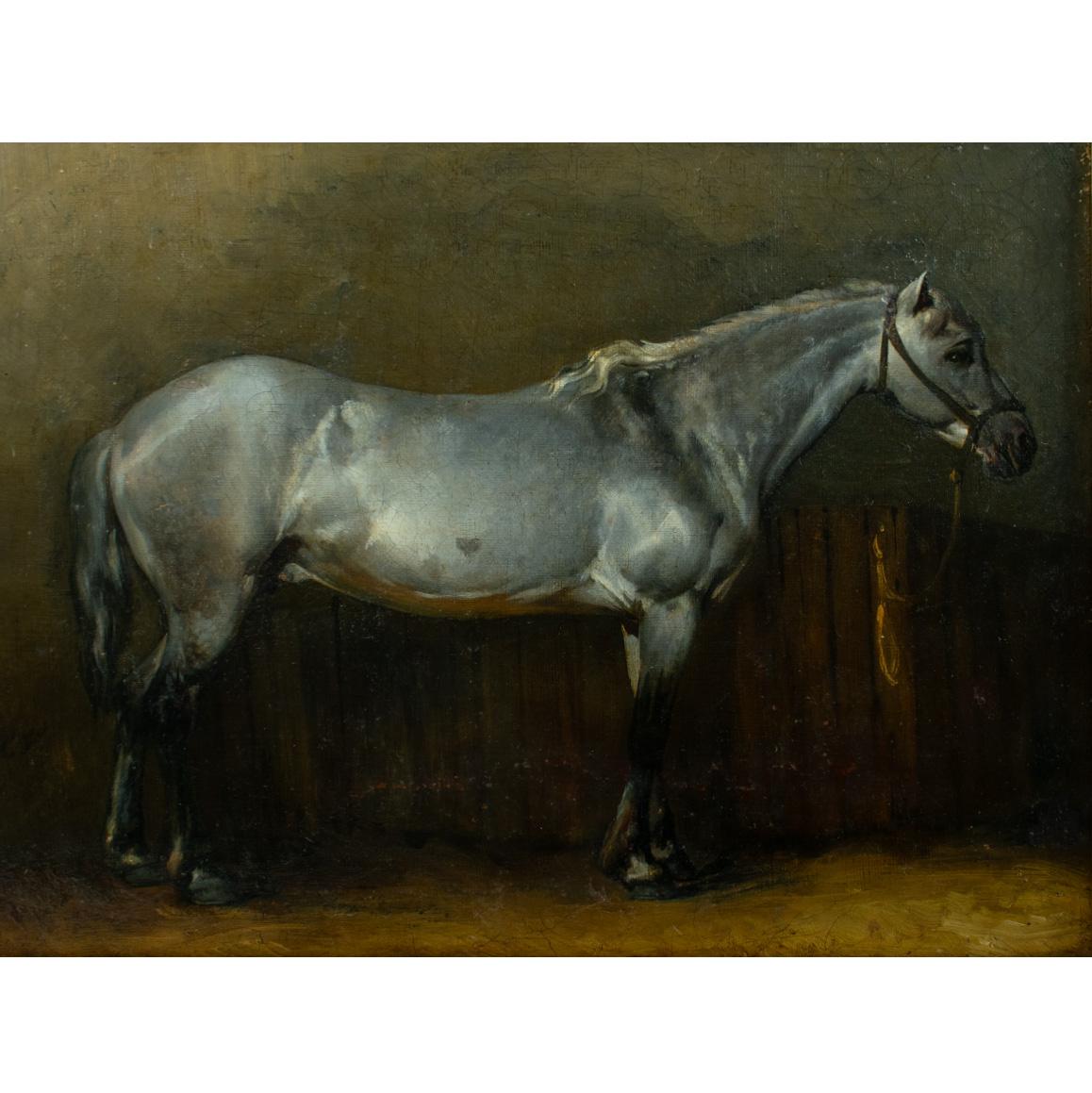 Cavallo grigio nella stalla - Olio su tela del 1850 circa, tela 41 x 32 cm.

Incorniciato in una cornice dorata contemporanea.

Questo bel pezzo è stato ribattuto e restaurato ed è emerso come un attraente e degno esempio di arte equestre tipica del