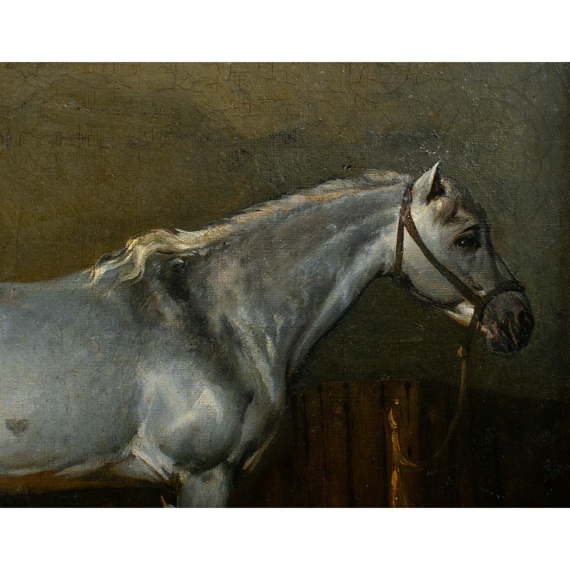 Dipinto CAVALLO GRIGIO DAPPLED IN STABILE - Olio su tela del 1850 ca.