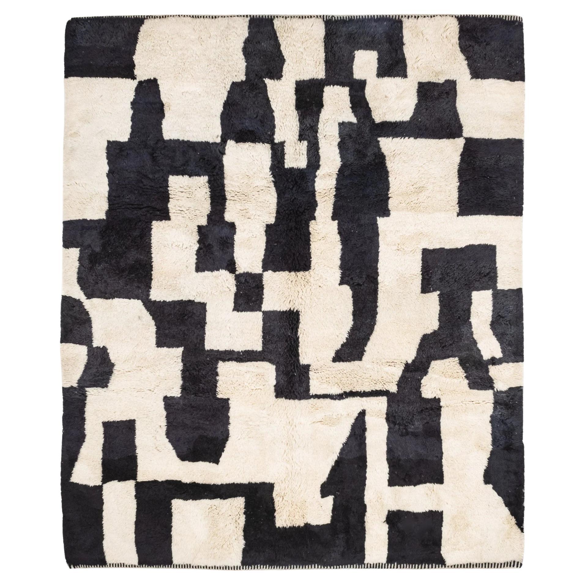 Dappled Light Black And Beige, Authentic Shag, All-Natural, Wool Moroccan Rug For Sale