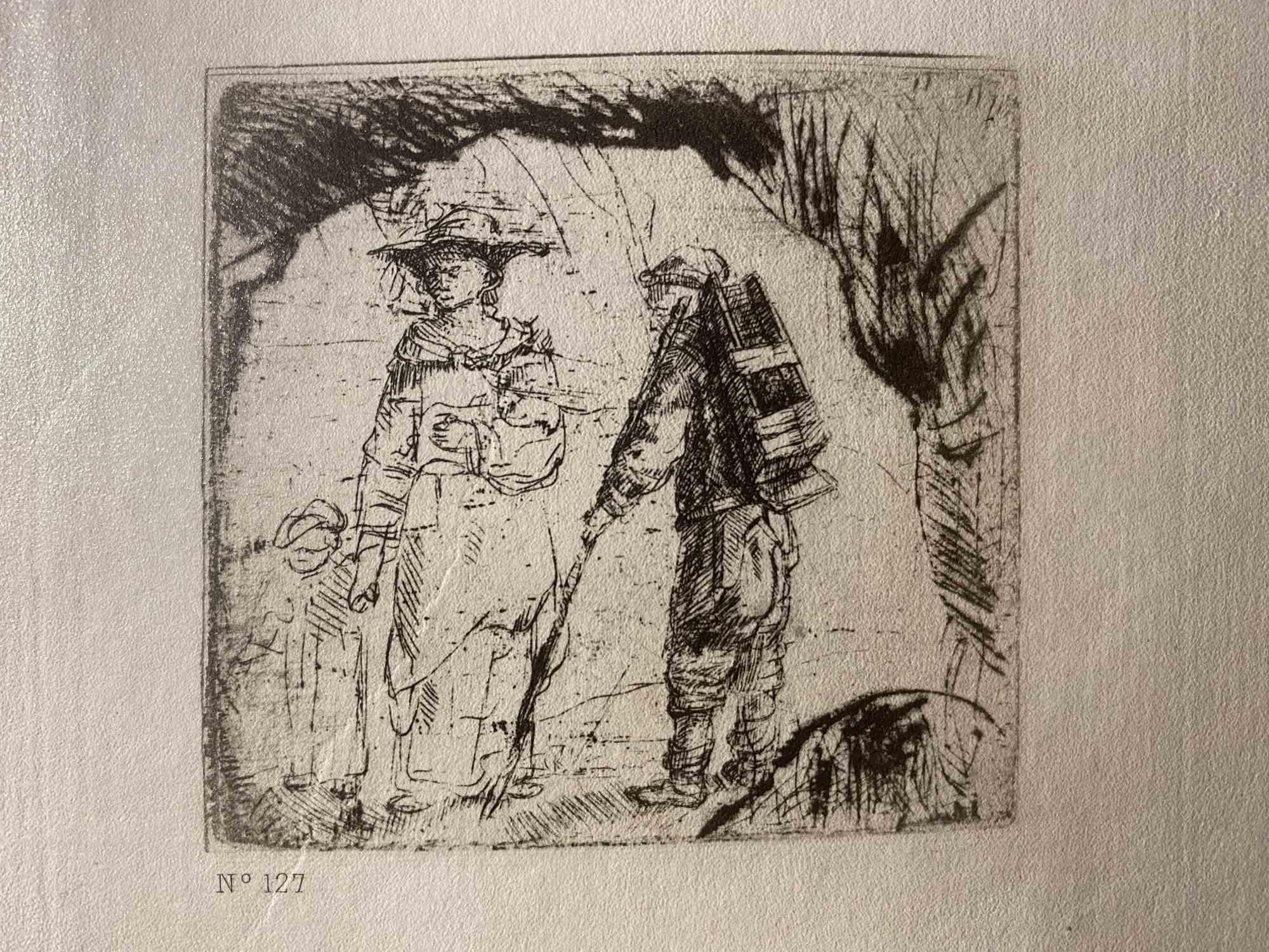 Figurative Print Charles Amand Durand - Beggar and Peasants - eau-forte d'après Rembrandt - 19ème siècle