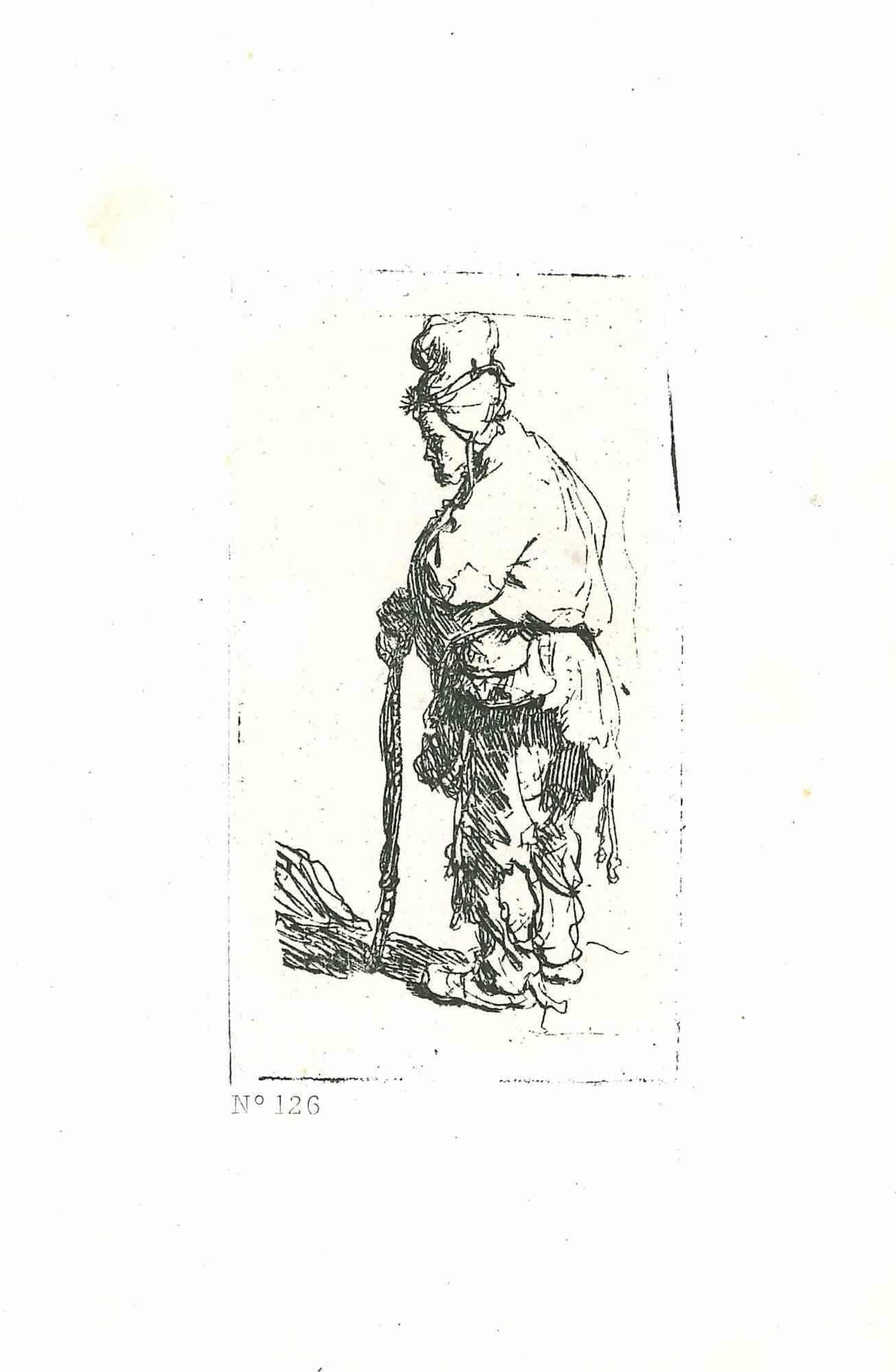 Charles Amand Durand Figurative Print - Beggar Leaning on a Stick - Engraving after Rembrandt - 19th Century