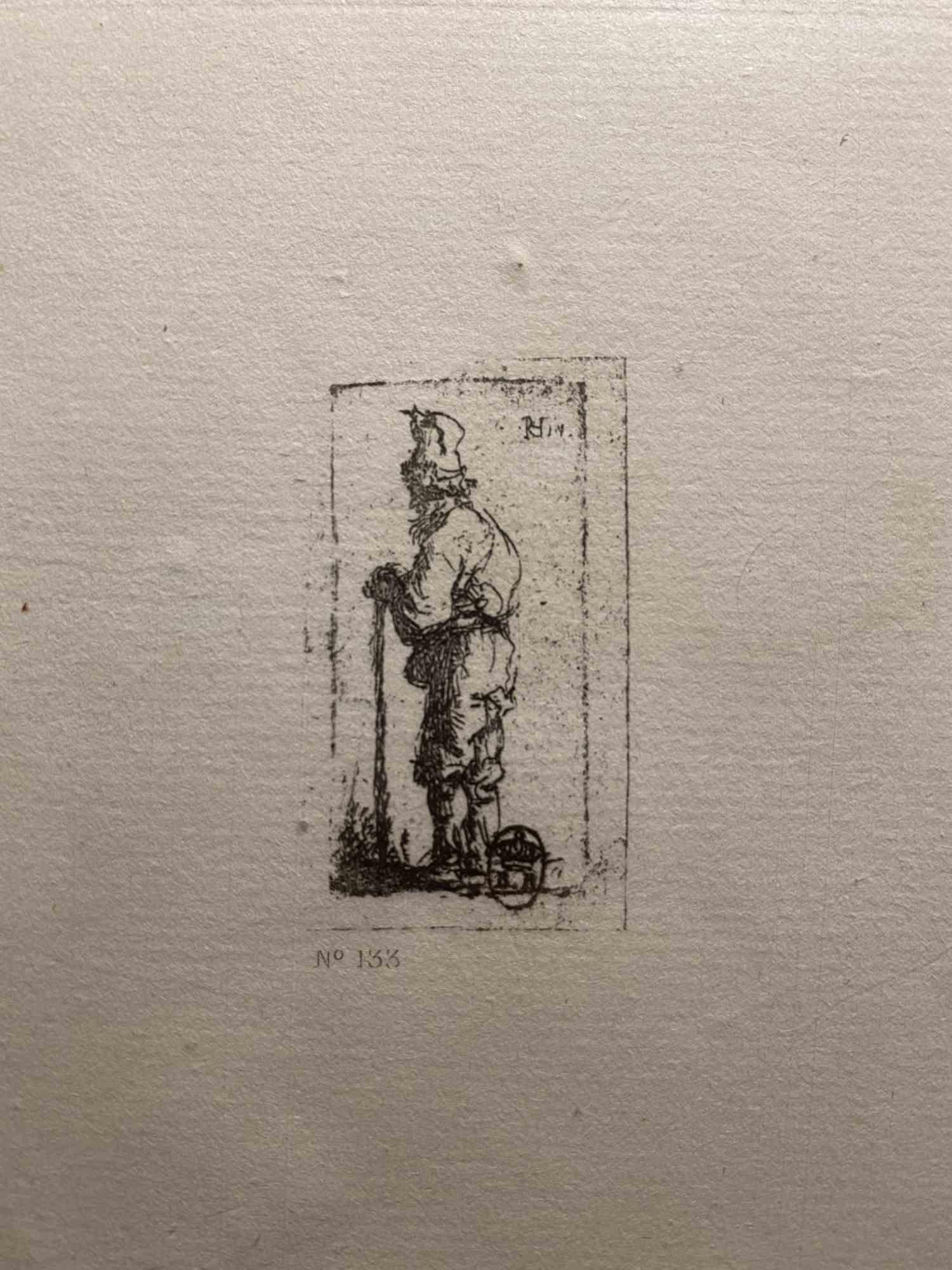 Figurative Print Charles Amand Durand - Beggar s'appuyant sur un bâton, tourné vers la gauche - gravure d'après Rembrandt - 19ème siècle