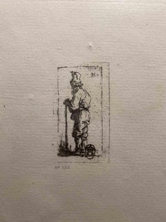 Beggar s'appuyant sur un bâton, tourné vers la gauche - gravure d'après Rembrandt - 19ème siècle