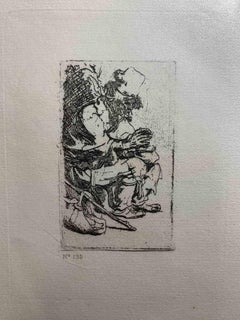 Beggar sitzt sitzend und schlägt mit den Händen an einer Schale – Radierung nach Rembrandt