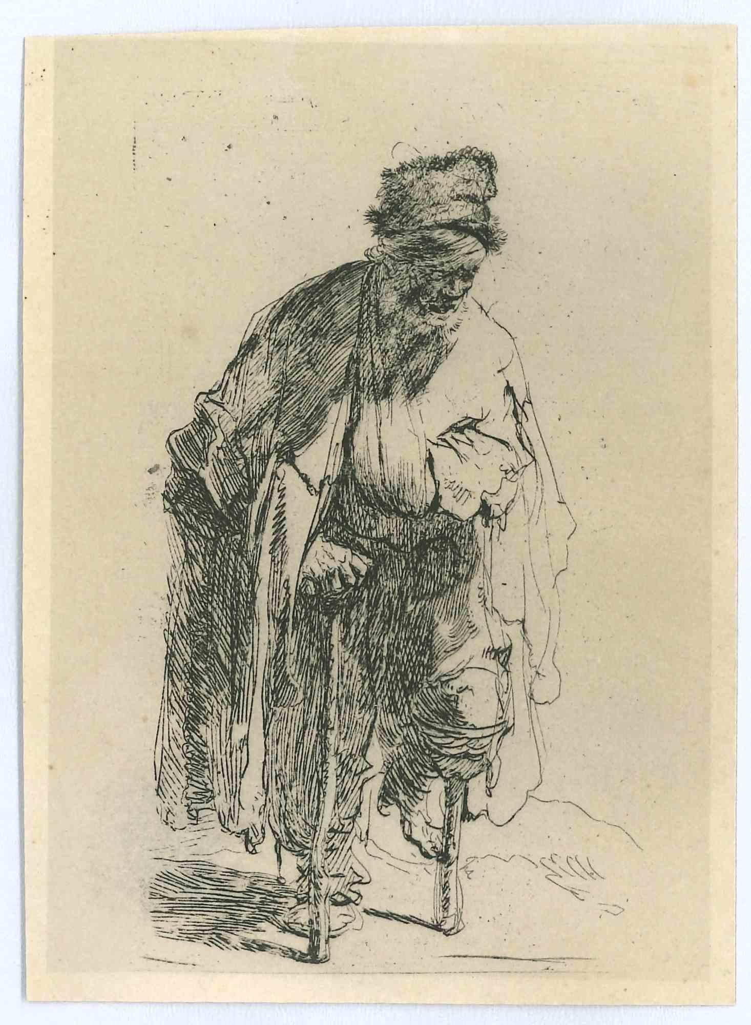 Charles Amand Durand Portrait Print - Beggar With A Wooden Leg - Engraving After Rembrandt-19th Century