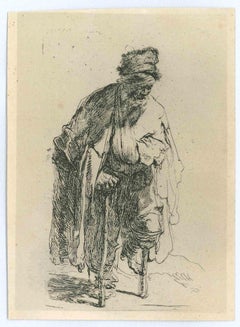 Antique Beggar With A Wooden Leg - Engraving After Rembrandt-19th Century