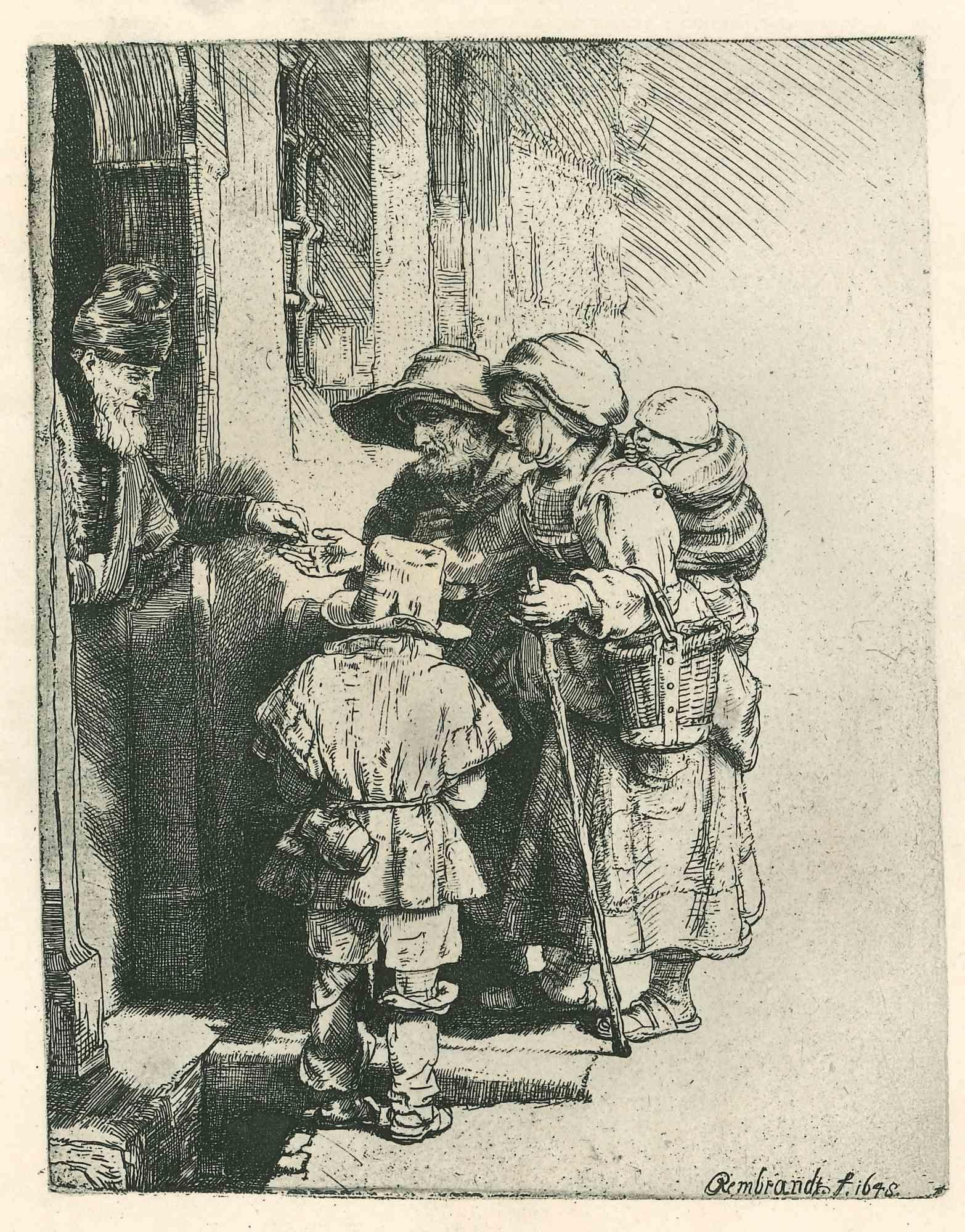 Charles Amand Durand Figurative Print - Beggars Receiving Alms at the Door of a House - Engraving after Rembrandt 