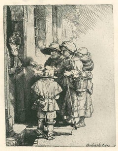 Antique Beggars Receiving Alms at the Door of a House - Engraving after Rembrandt 