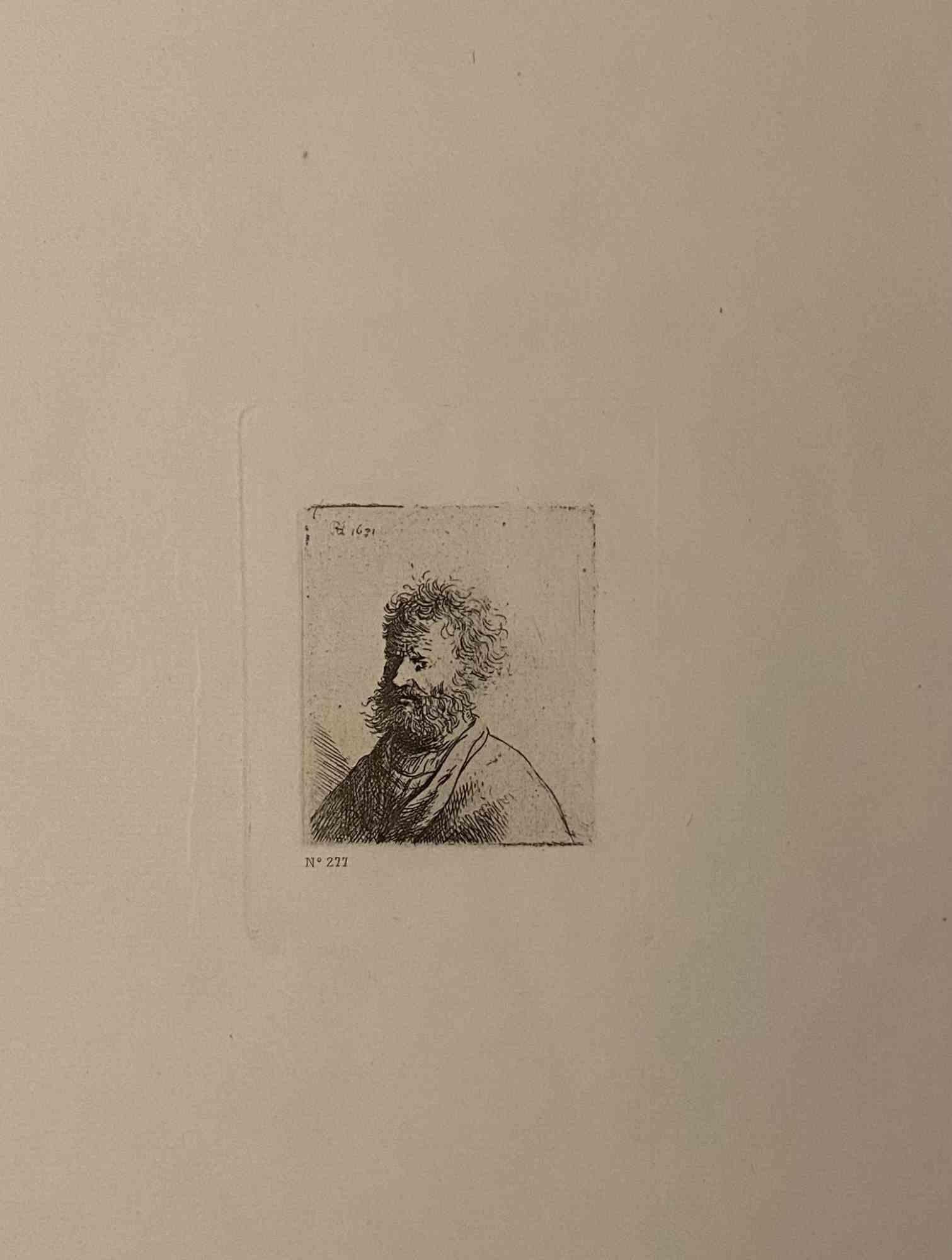 Charles Amand Durand Portrait Print - Bust of an Old Man with Curly Hair- Engraving after Rembrandt - 19th Century