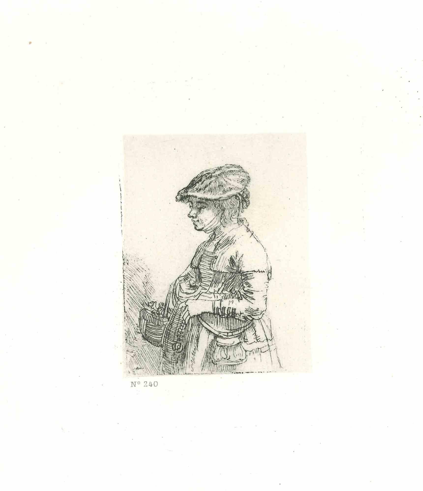 Figurative Print Charles Amand Durand - Fille avec un panier  - Gravure d'après Rembrandt - XIXe siècle