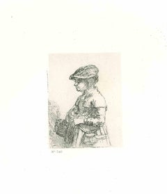 Fille avec un panier  - Gravure d'après Rembrandt - XIXe siècle