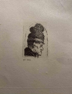 Profile grotesque d'homme avec un chapeau haut - eau-forte d'après Rembrandt - 19ème siècle