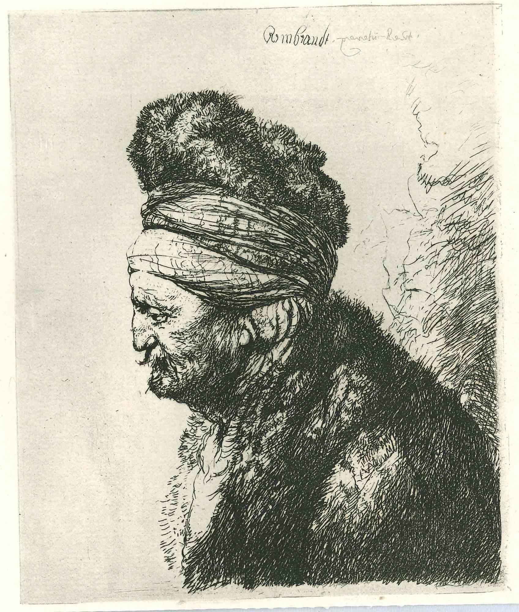 Charles Amand Durand Portrait Print – Kopf eines Mannes mit Turban - Radierung nach Rembrandt - 19. Jahrhundert