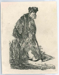 Man in a Coat and Fur Cap Leaning against a Bank - after Rembrandt-19th Century