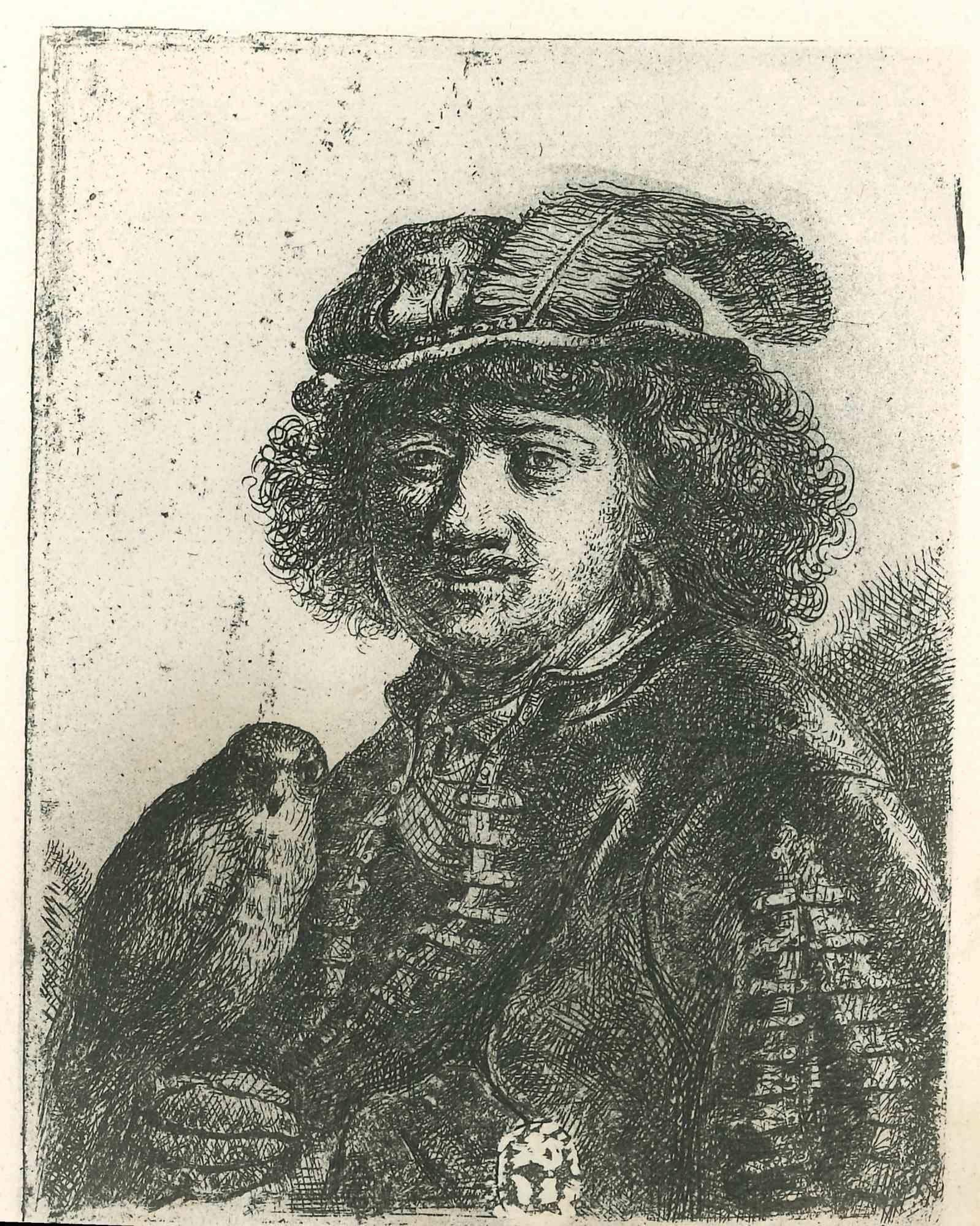 Portrait Print Charles Amand Durand - Man With a Hawk - Gravure d'après Rembrandt - 19ème siècle