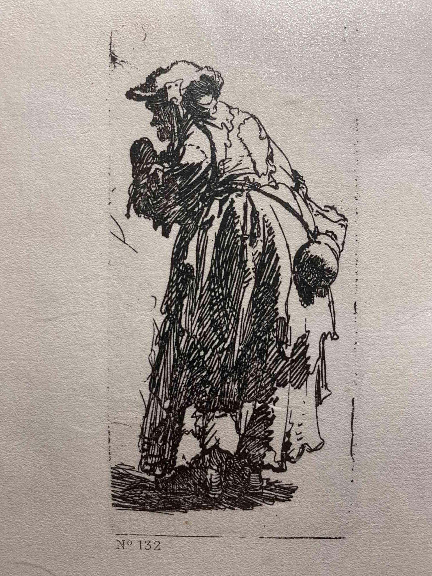 Charles Amand Durand Figurative Print - Old Beggar Woman with a Gourd - Engraving after Rembrandt - 19th Century