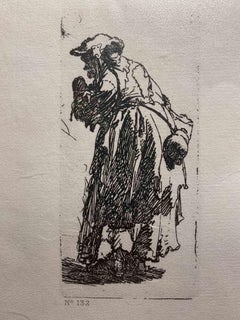 Antique Old Beggar Woman with a Gourd - Engraving after Rembrandt - 19th Century