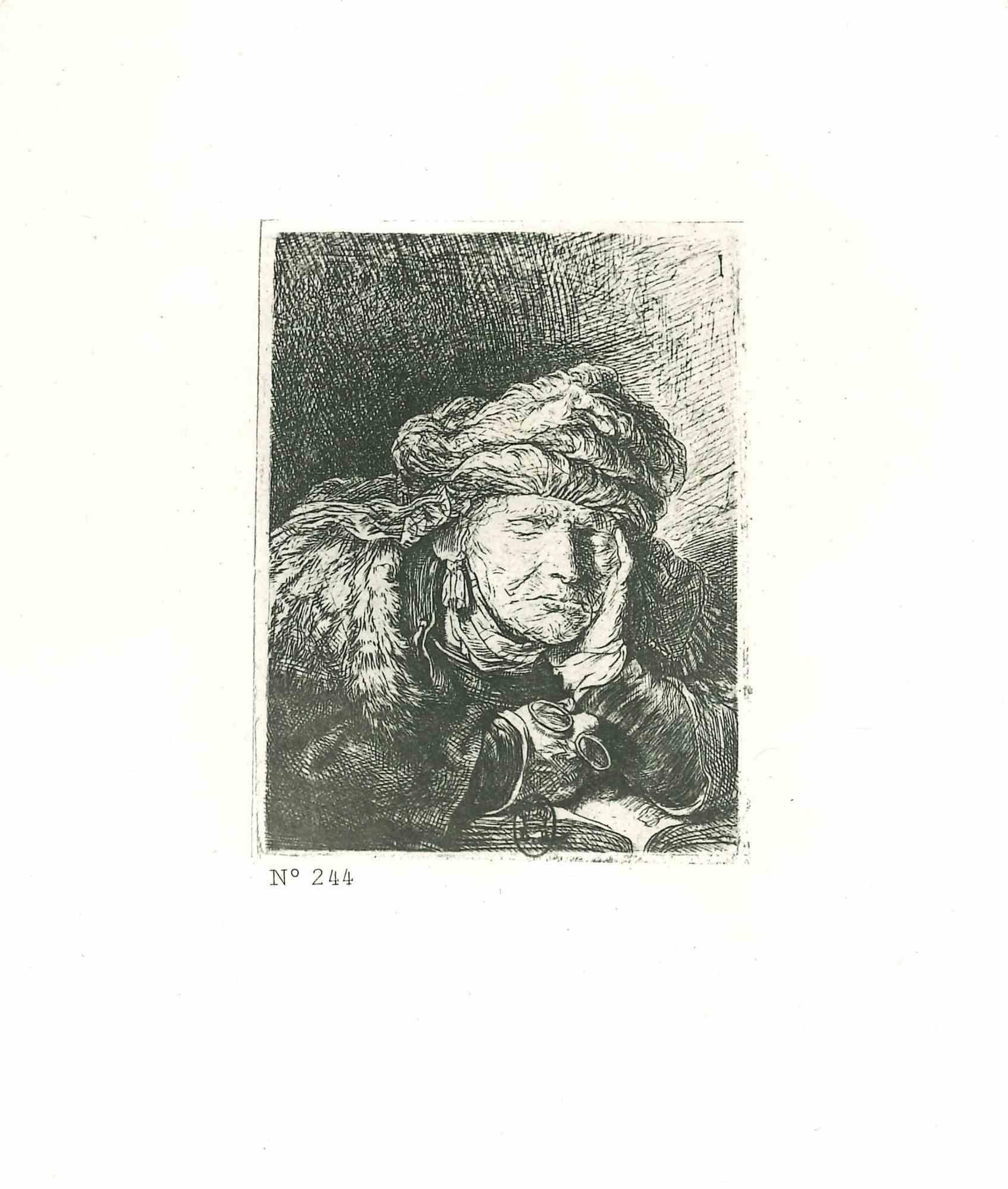 Charles Amand Durand Figurative Print - Old Woman Sleeping - Engraving after Rembrandt - 19th Century
