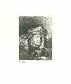 Antique Old Woman Sleeping - Engraving after Rembrandt - 19th Century