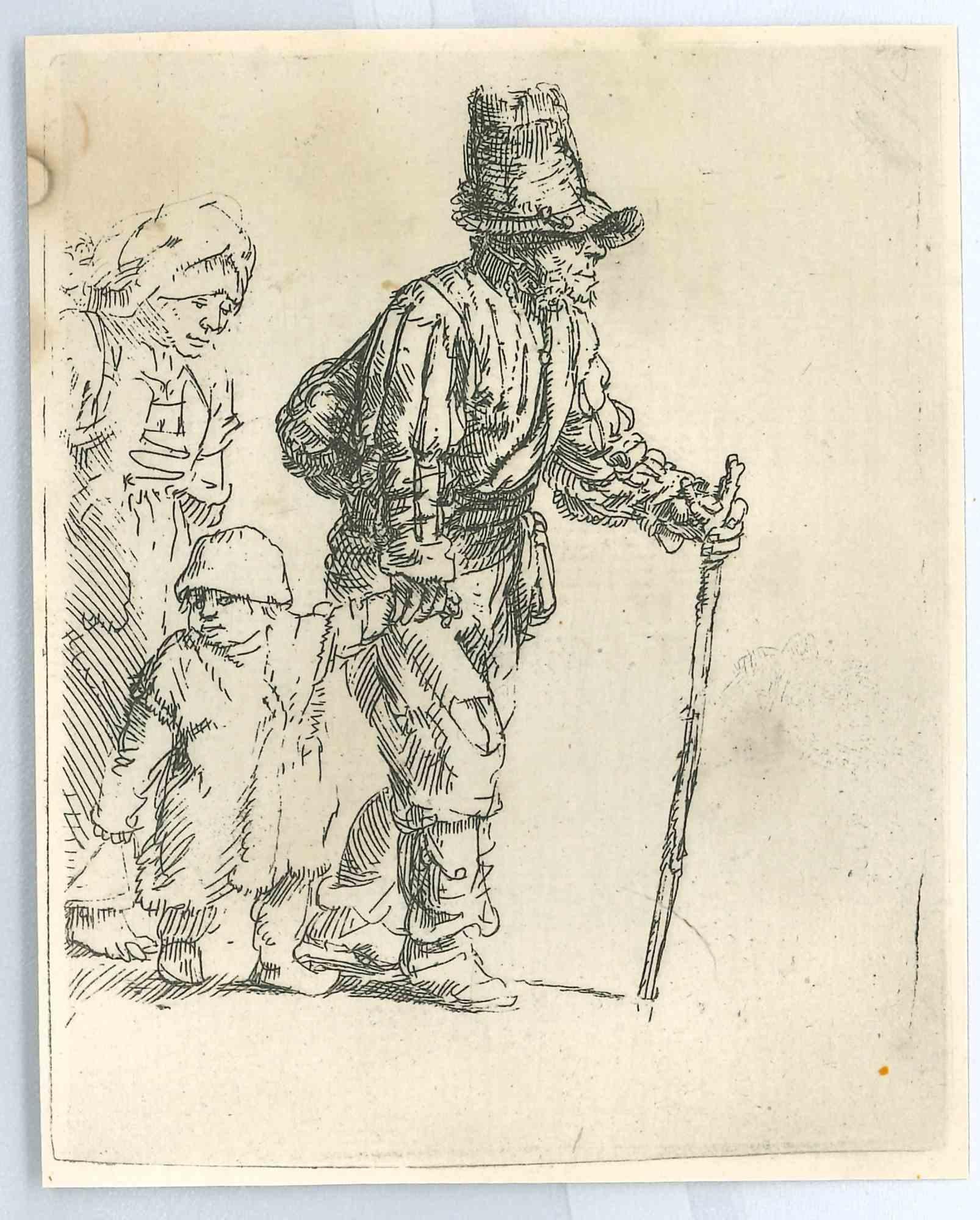 Portrait Print Charles Amand Durand - La famille paysanne sur le Tramp - gravure d'après Rembrandt - 19e siècle