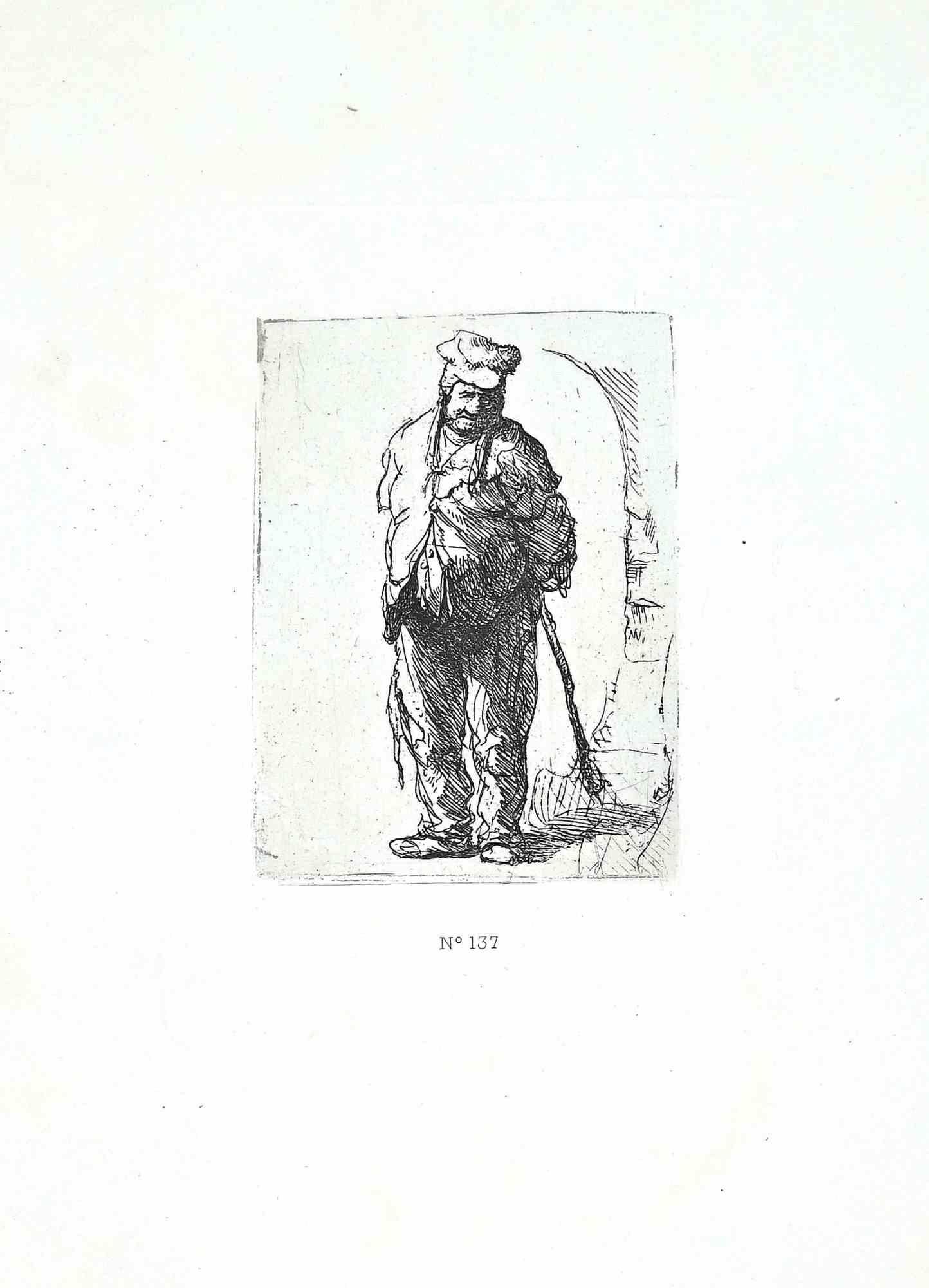 Charles Amand Durand Figurative Print - Ragged Peasant with His Hands Behind - Engraving after Rembrandt - 19th Century