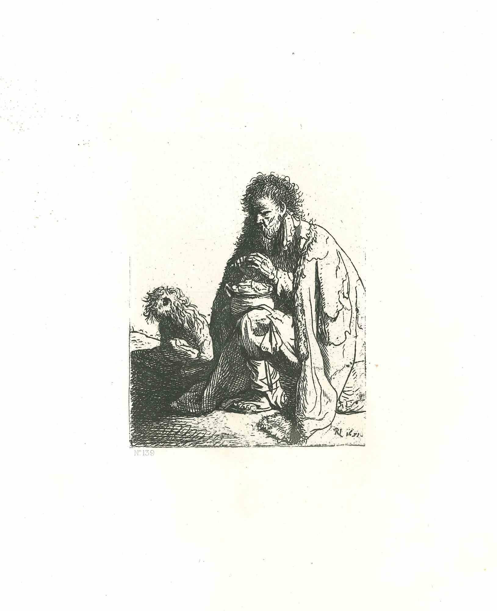Figurative Print Charles Amand Durand - Beggar assis et son chien - gravure d'après Rembrandt - 19ème siècle