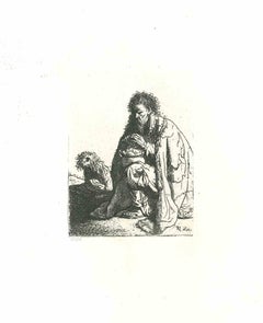 Antique Seated Beggar and His Dog - Engraving after Rembrandt - 19th Century