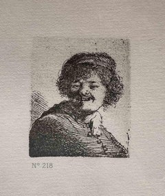 Self-Porträt mit Kapuze, Lachend – Radierung nach Rembrandt – 19. Jahrhundert