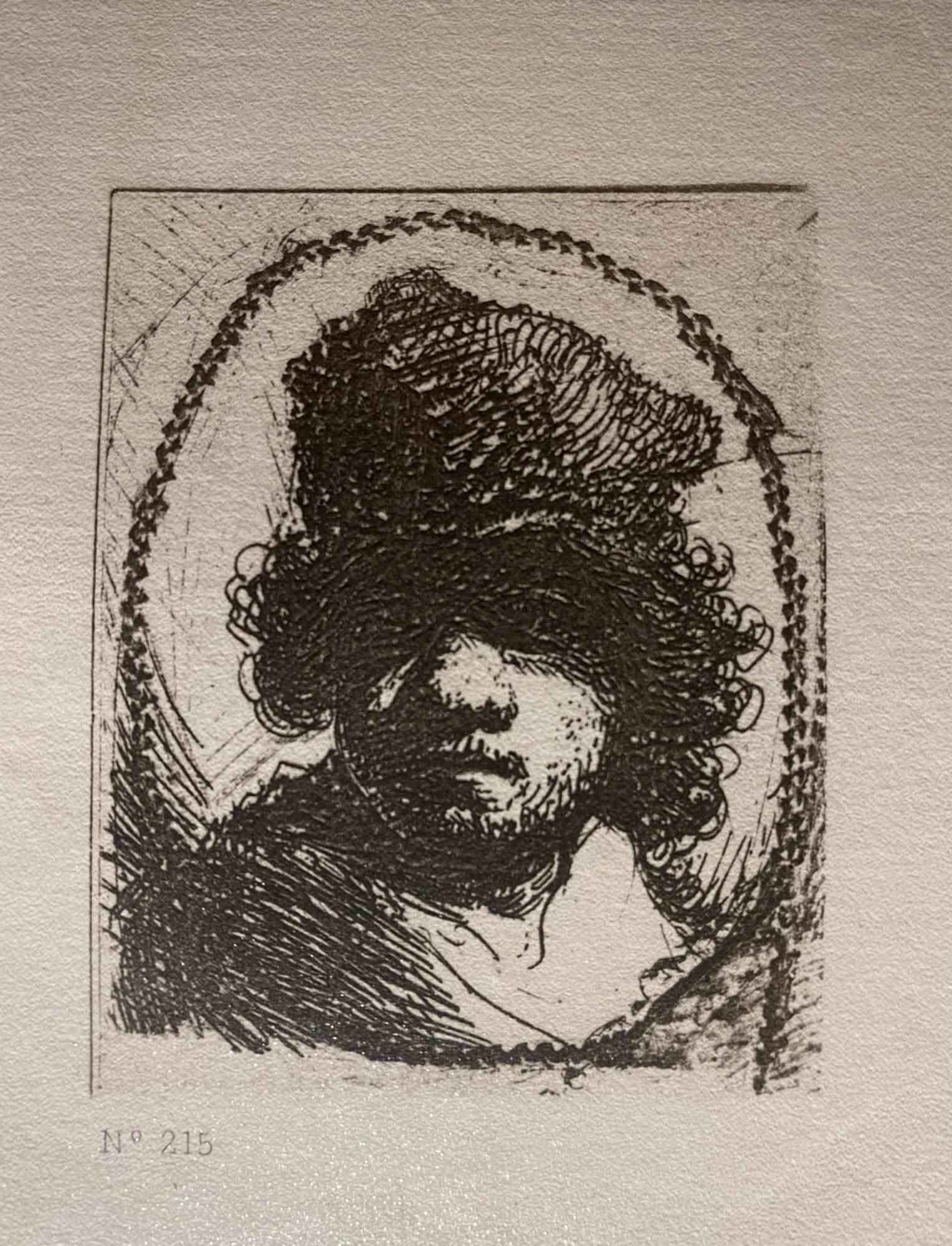 Charles Amand Durand Portrait Print - Self-Portrait in a Fur Cap - Engraving after Rembrandt - 19th Century