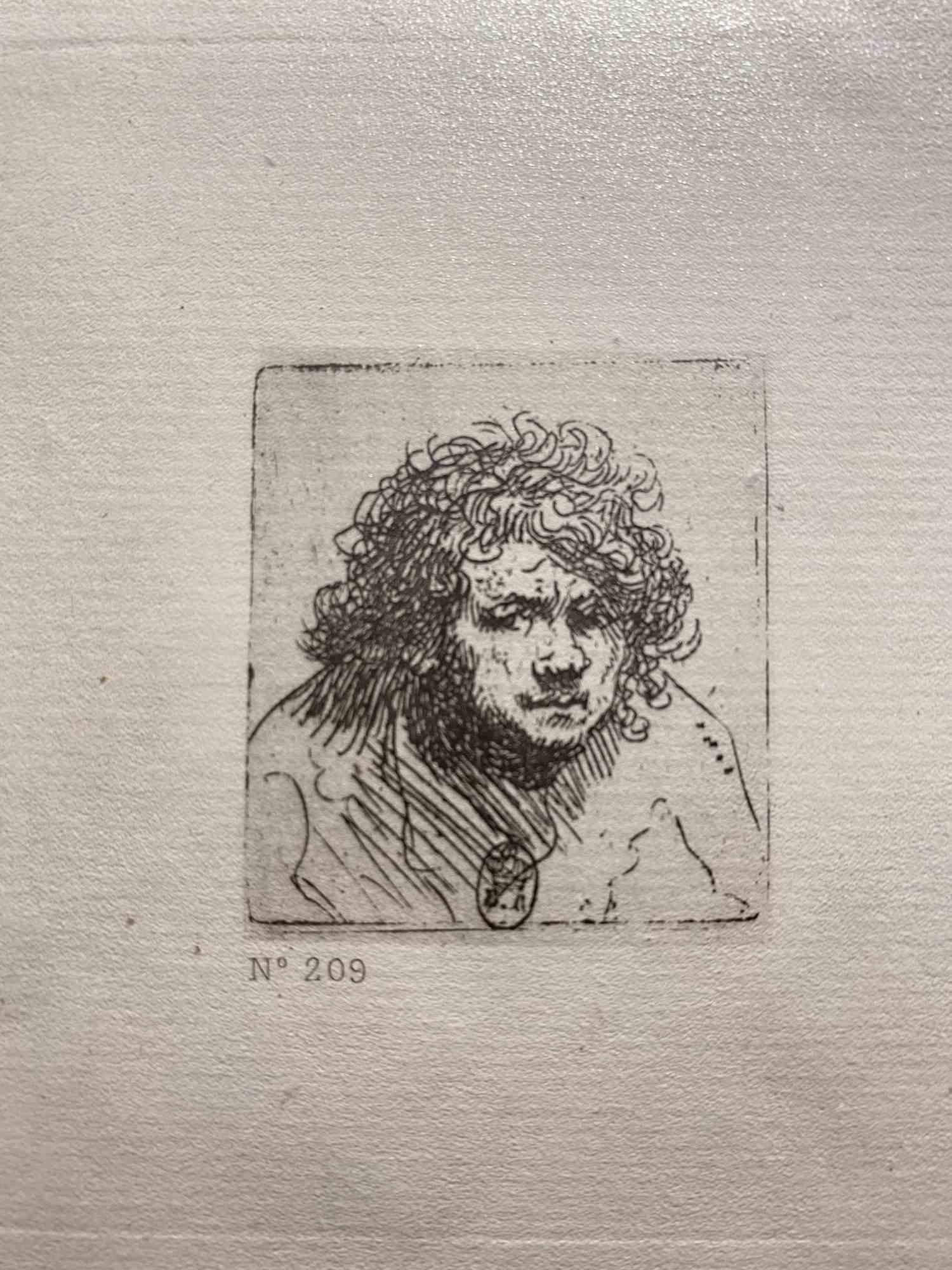 Charles Amand Durand Portrait Print – Self-Porträt „Leuchter blickt nach vorne“ – Radierung nach Rembrandt – 19. Jahrhundert