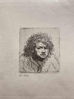 Self-Porträt „Leuchter blickt nach vorne“ – Radierung nach Rembrandt – 19. Jahrhundert