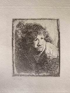 Autoritratto, chinato in avanti, in ascolto - Incisione dopo Rembrandt - XIX secolo