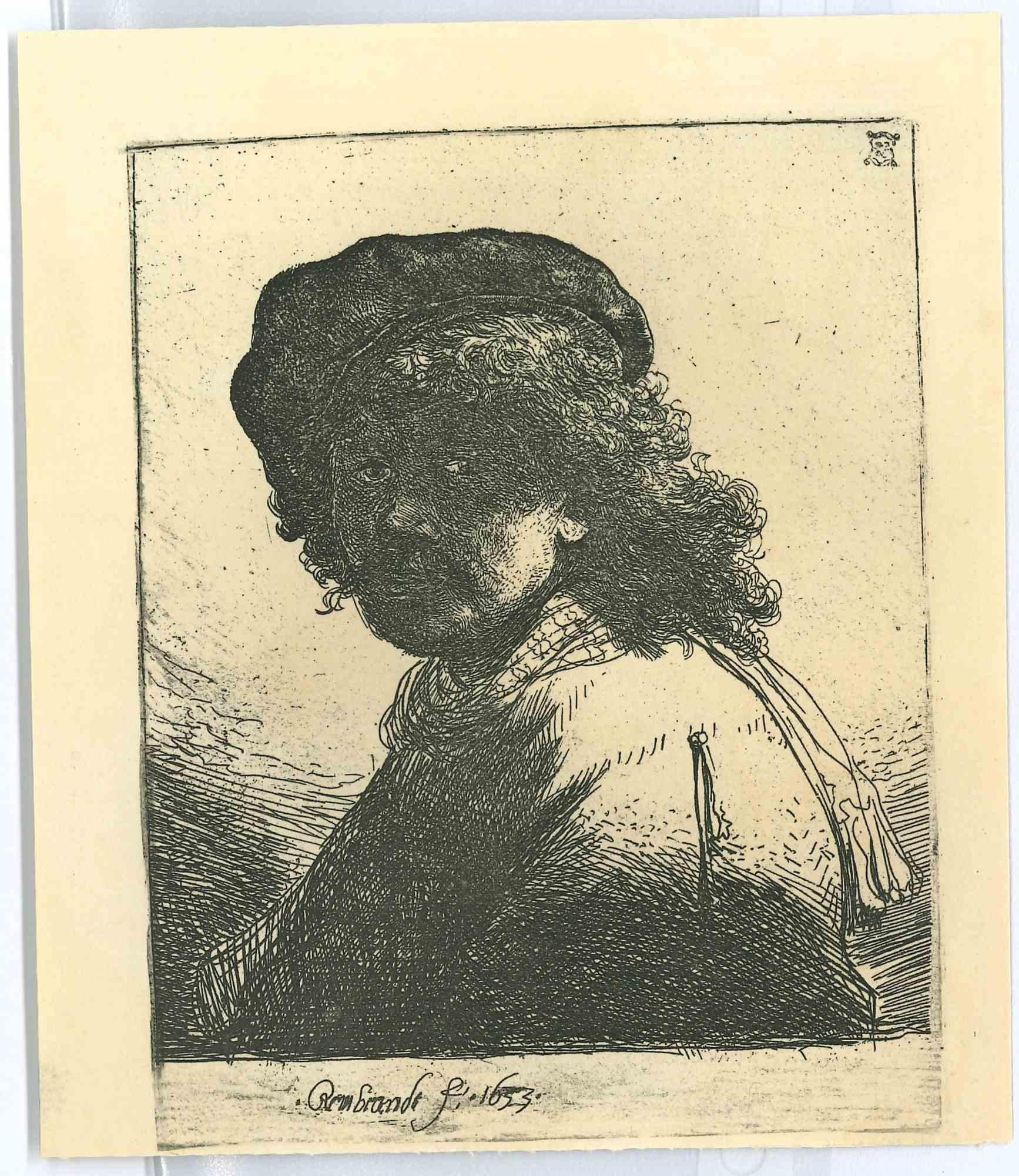 Charles Amand Durand Figurative Print - Self-Portrait with a Scarf Around His Neck-Engraving after Rembrandt- 19th Cent.