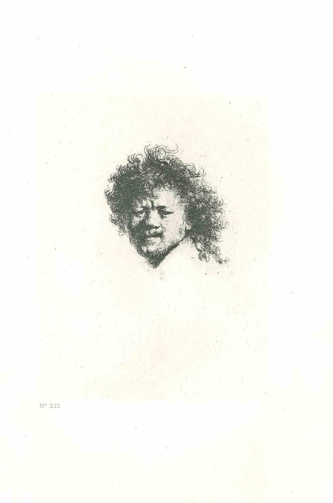 Figurative Print Charles Amand Durand - Self-Portrait avec longs cheveux bouclés - eau-forte d'après Rembrandt - 19ème siècle